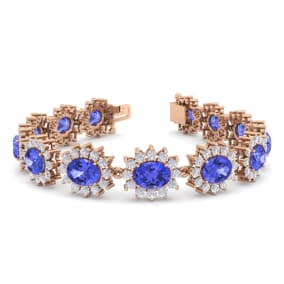 21 Carat Oval Shape Tanzanite and Halo Diamond Bracelet In 14 Karat Rose Gold, 7 Inches
