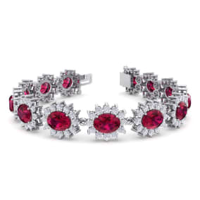 Ruby Bracelet; Ruby Tennis Bracelet; 25 Carat Oval Shape Ruby and Halo Diamond Bracelet In 14 Karat White Gold