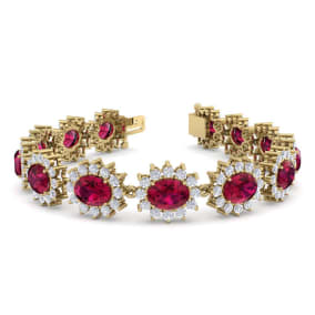 Ruby Bracelet; Ruby Tennis Bracelet; 25 Carat Oval Shape Ruby and Halo Diamond Bracelet In 14 Karat Yellow Gold