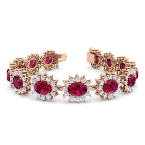 Ruby Bracelet; Ruby Tennis Bracelet; 25 Carat Oval Shape Ruby and Halo Diamond Bracelet In 14 Karat Rose Gold