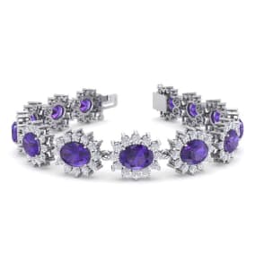 Retrograde Birthstones™ 18 Carat Oval Shape Amethyst and Halo Diamond Bracelet In 14 Karat White Gold, 7 Inches
