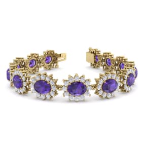 18 Carat Oval Shape Amethyst and Halo Diamond Bracelet In 14 Karat Yellow Gold, 7 Inches