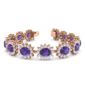 18 Carat Oval Shape Amethyst and Halo Diamond Bracelet In 14 Karat Rose Gold, 7 Inches