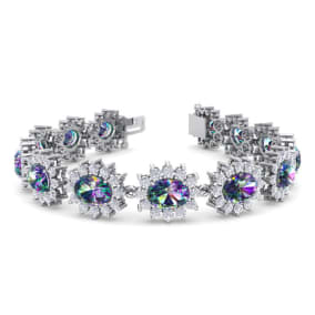 18 Carat Oval Shape Mystic Topaz and Halo Diamond Bracelet In 14 Karat White Gold, 7 Inches