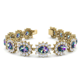 18 Carat Oval Shape Mystic Topaz and Halo Diamond Bracelet In 14 Karat Yellow Gold, 7 Inches