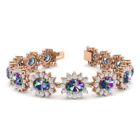 18 Carat Oval Shape Mystic Topaz and Halo Diamond Bracelet In 14 Karat Rose Gold, 7 Inches