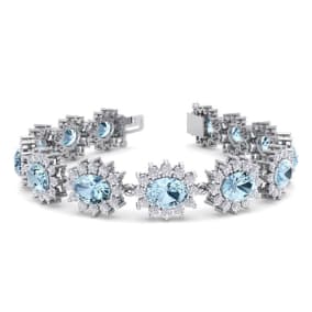 Aquamarine Bracelet: Aquamarine Jewelry: 19 Carat Oval Shape Aquamarine and Halo Diamond Bracelet In 14 Karat White Gold, 7 Inches