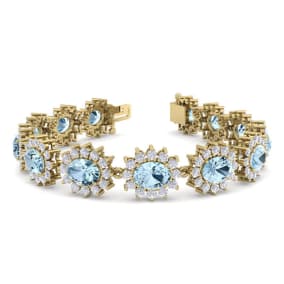 Aquamarine Bracelet: Aquamarine Jewelry: 19 Carat Oval Shape Aquamarine and Halo Diamond Bracelet In 14 Karat Yellow Gold, 7 Inches