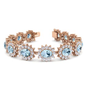 Aquamarine Bracelet: Aquamarine Jewelry: 19 Carat Oval Shape Aquamarine and Halo Diamond Bracelet In 14 Karat Rose Gold, 7 Inches
