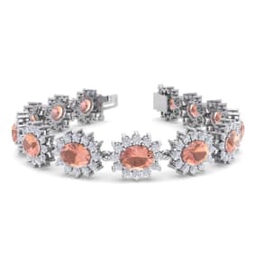 Retrograde Birthstones™ 19 Carat Oval Shape Morganite Bracelet With Diamond Halo In 14 Karat White Gold, 7 Inches