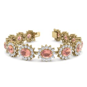 Retrograde Birthstones™ 19 Carat Oval Shape Morganite Bracelet With Diamond Halo In 14 Karat Yellow Gold, 7 Inches
