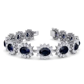 Retrograde Birthstones™ 25 Carat Oval Shape Sapphire and Halo Diamond Bracelet In 14 Karat White Gold, 7 Inches