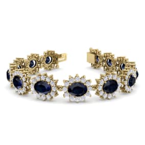 25 Carat Oval Shape Sapphire and Halo Diamond Bracelet In 14 Karat Yellow Gold, 7 Inches