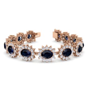 25 Carat Oval Shape Sapphire and Halo Diamond Bracelet In 14 Karat Rose Gold, 7 Inches