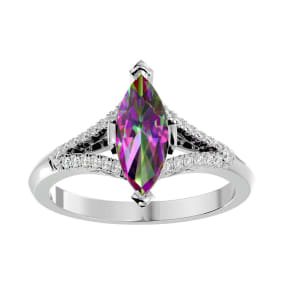 2-1/4 Carat Marquise Shape Mystic Topaz Ring and Diamonds In 14 Karat White Gold