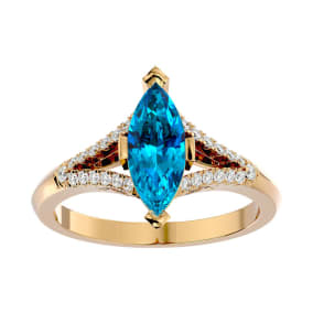 2 1/4 Carat Marquise Shape Blue Topaz and Diamond Ring In 14 Karat Yellow Gold