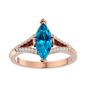 2 1/4 Carat Marquise Shape Blue Topaz and Diamond Ring In 14 Karat Rose Gold