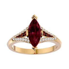 Garnet Ring: Garnet Jewelry: 2 1/4 Carat Marquise Shape Garnet and Diamond Ring In 14 Karat Yellow Gold