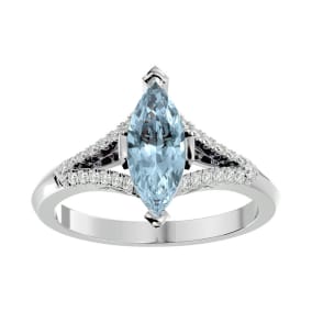 Aquamarine Ring: Aquamarine Jewelry: 1 3/4 Carat Marquise Shape Aquamarine and Diamond Ring In 14 Karat White Gold