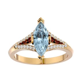 Aquamarine Ring: Aquamarine Jewelry: 1 3/4 Carat Marquise Shape Aquamarine and Diamond Ring In 14 Karat Yellow Gold