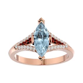 Aquamarine Ring: Aquamarine Jewelry: 1 3/4 Carat Marquise Shape Aquamarine and Diamond Ring In 14 Karat Rose Gold