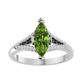 2 1/4 Carat Marquise Shape Peridot and Diamond Ring In 14 Karat White Gold