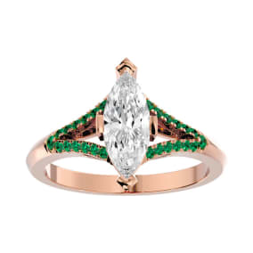 1 1/4 Carat Marquise Shape Diamond and Emerald Engagement Ring In 14 Karat Rose Gold
