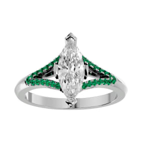 1 1/4 Carat Marquise Shape Diamond and Emerald Engagement Ring In 14 Karat White Gold