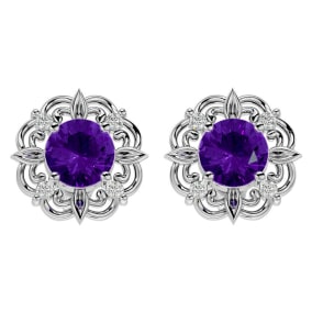 1 1/2 Carat Amethyst and Diamond Antique Stud Earrings In 14 Karat White Gold