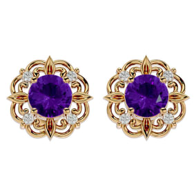 1 1/2 Carat Amethyst and Diamond Antique Stud Earrings In 14 Karat Yellow Gold