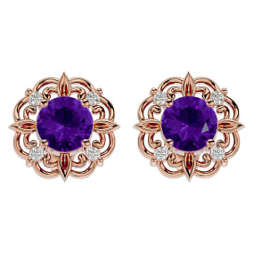 1 1/2 Carat Amethyst and Diamond Antique Stud Earrings In 14 Karat Rose Gold