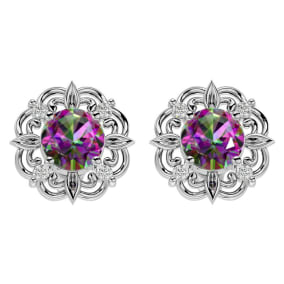 2 1/10 Carat Mystic Topaz and Diamond Antique Stud Earrings In 14 Karat White Gold