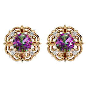 2 1/10 Carat Mystic Topaz and Diamond Antique Stud Earrings In 14 Karat Yellow Gold