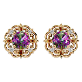 Retrograde Birthstones™ 2 1/10 Carat Mystic Topaz and Diamond Antique Stud Earrings In 14 Karat Yellow Gold