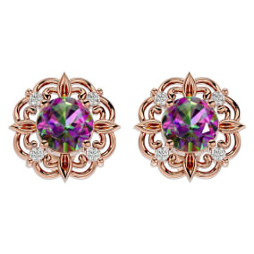 2 1/10 Carat Mystic Topaz and Diamond Antique Stud Earrings In 14 Karat Rose Gold