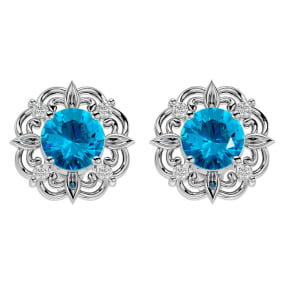Retrograde Birthstones™ 2 1/10 Carat Blue Topaz and Diamond Antique Stud Earrings In 14 Karat White Gold