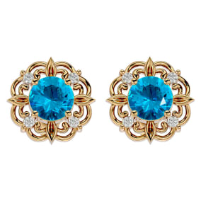 2 1/10 Carat Blue Topaz and Diamond Antique Stud Earrings In 14 Karat Yellow Gold