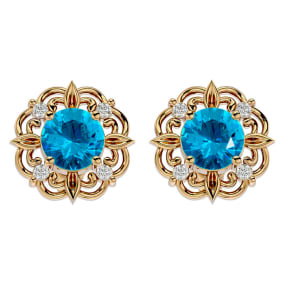 Retrograde Birthstones™ 2 1/10 Carat Blue Topaz and Diamond Antique Stud Earrings In 14 Karat Yellow Gold