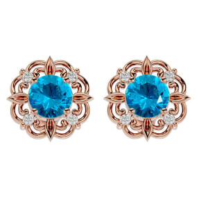 2 1/10 Carat Blue Topaz and Diamond Antique Stud Earrings In 14 Karat Rose Gold