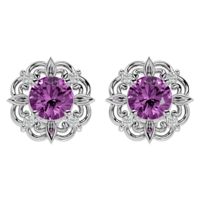 2 1/10 Carat Pink Topaz and Diamond Antique Stud Earrings In 14 Karat White Gold