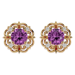 Retrograde Birthstones™ 2 1/10 Carat Pink Topaz and Diamond Antique Stud Earrings In 14 Karat Yellow Gold