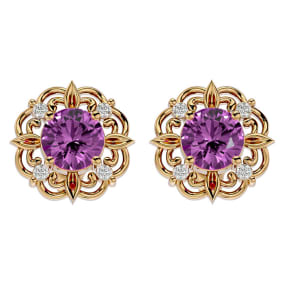 Pink Gemstones 2 1/10 Carat Pink Topaz and Diamond Antique Stud Earrings In 14 Karat Yellow Gold