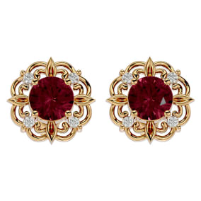 Garnet Earrings: Garnet Jewelry: 2 1/10 Carat Garnet and Diamond Antique Stud Earrings In 14 Karat Yellow Gold