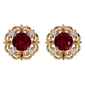 Retrograde Birthstones™ 2 1/10 Carat Garnet and Diamond Antique Stud Earrings In 14 Karat Yellow Gold