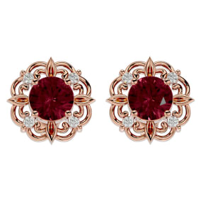 Garnet Earrings: Garnet Jewelry: 2 1/10 Carat Garnet and Diamond Antique Stud Earrings In 14 Karat Rose Gold