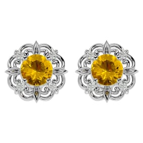 1 1/2 Carat Citrine and Diamond Antique Stud Earrings In 14 Karat White Gold