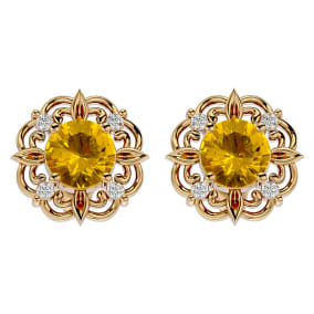 1 1/2 Carat Citrine and Diamond Antique Stud Earrings In 14 Karat Yellow Gold