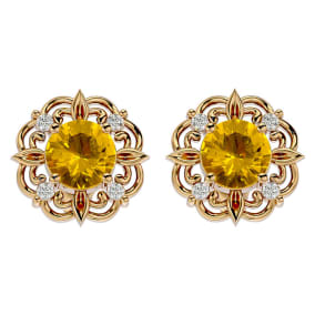 Retrograde Birthstones™ 1 1/2 Carat Citrine and Diamond Antique Stud Earrings In 14 Karat Yellow Gold