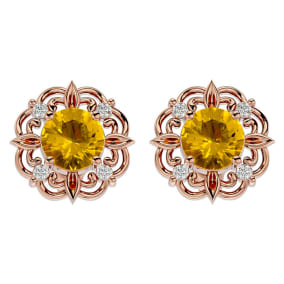 1 1/2 Carat Citrine and Diamond Antique Stud Earrings In 14 Karat Rose Gold