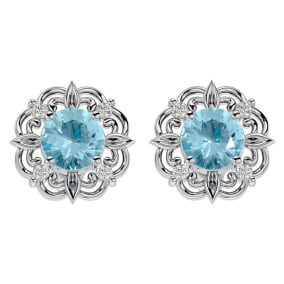 Aquamarine Earrings: Aquamarine Jewelry: 1 1/2 Carat Aquamarine and Diamond Antique Stud Earrings In 14 Karat White Gold